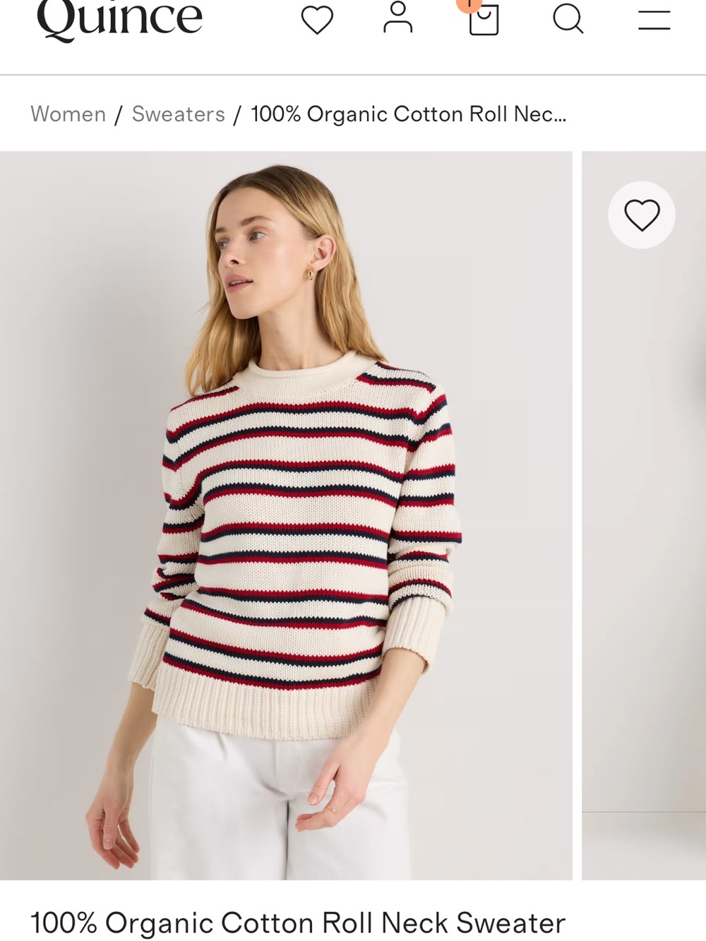 Quince women’s  cotton roll neck  Striped Knit Sweater with Red & navy New ! - Picture 5 of 7